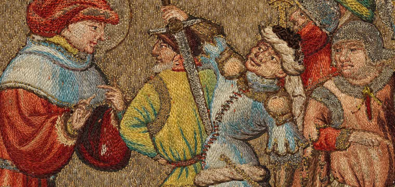 Detail from a 15th-century Flemish tapestry with a group of men, the center man unsheathing a sword