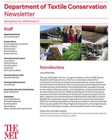 Cover of the Spring/Summer 2018 Textile Conservation newsletter