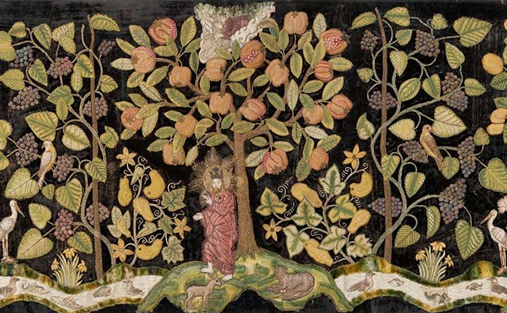 Detail from an 16th-century, English, embroidered, velvet textile showing the Garden of Eden