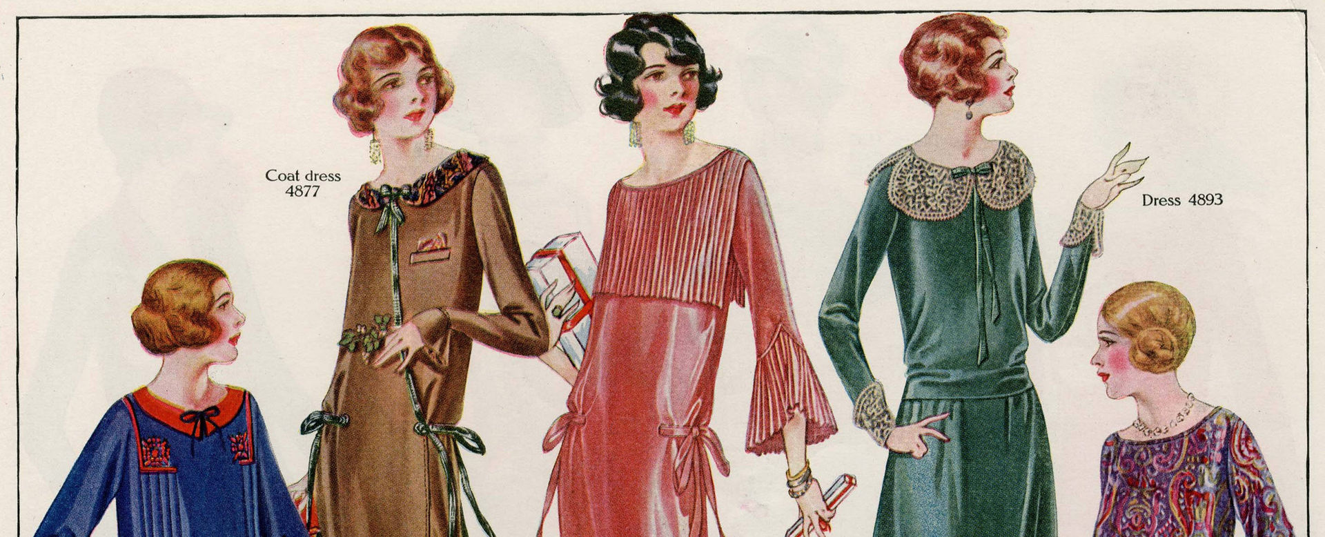 Detail of an illustration depicting women modeling colorful period evening dresses, circa 1923