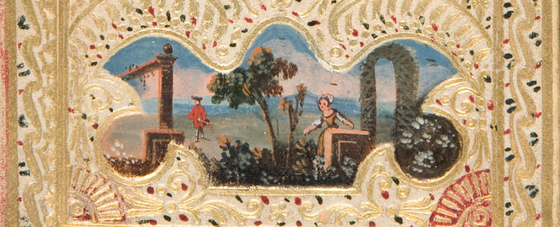 Detail of a painted inset from a 1772 white leather and gold-tooled book binding, depicting a woman in a long brown dress in a flowering garden, and a man wearing a red coat in the distant landscape.
