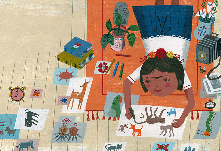A stylized, vibrantly colored drawing of a young girl lying on an orange rug over a wooden floor in a white shirt and blue skirt--clearly Frida Kahlo from her unibrow--drawing pictures of various animals like monkeys and dogs on a sheet of paper. Other drawings of animals litter the floor, and she is also surrounded by plants, flowers, a camera, a pile of books, and an alarm clock.