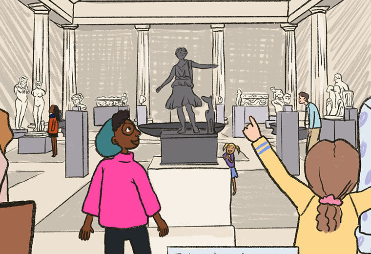 A drawing of a girl in The Met's Greek and Roman art gallery admiring a Roman statue of a young man in a toga standing beside a dog.