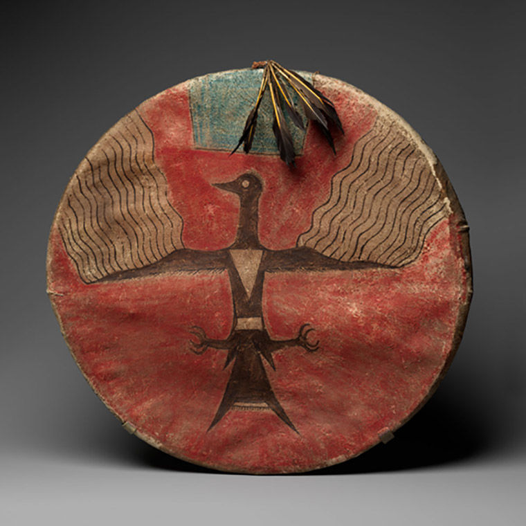 Tanned leather shield with bird with outstretched wings from a Hunkpapa Lakota or Teton Sioux tribe.
