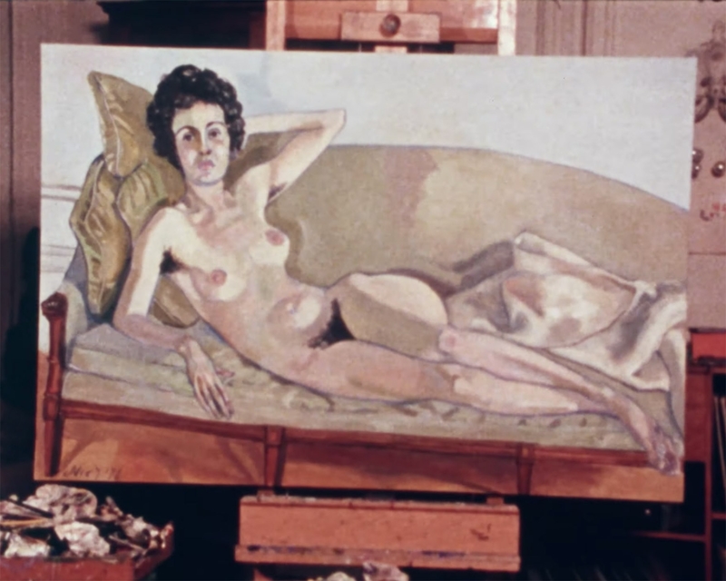 A painting of a nude woman reclining on a sofa