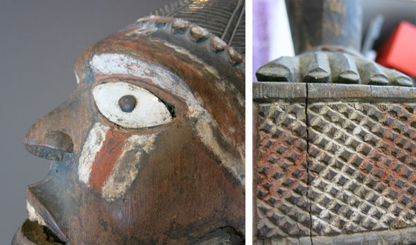 Left: Figure's eye. Right: Figure's foot on plinth