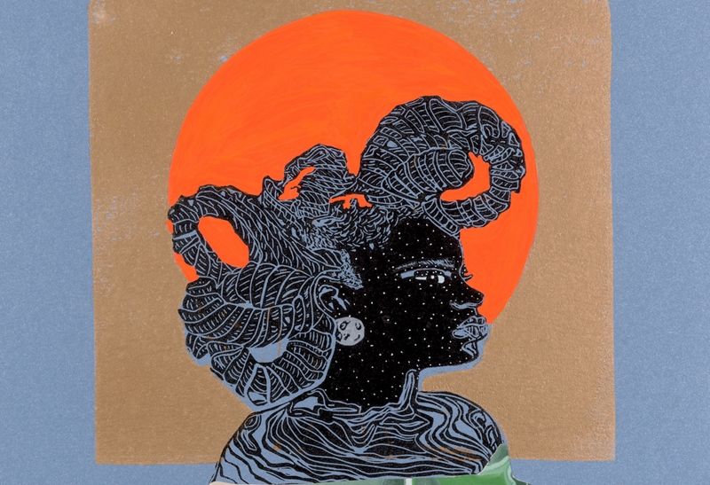 A vibrant. blue, orange, tan, and black print of a Black woman in profile.
