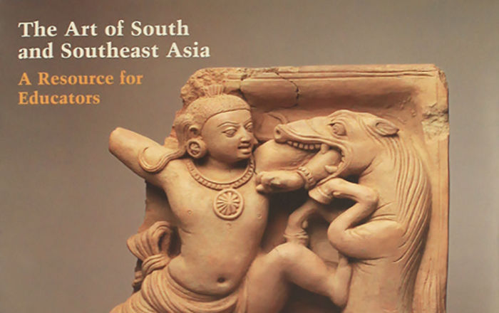 Cover of a brochure with a stone sculpture of a South Asian deity and a boar-like animal wrestling