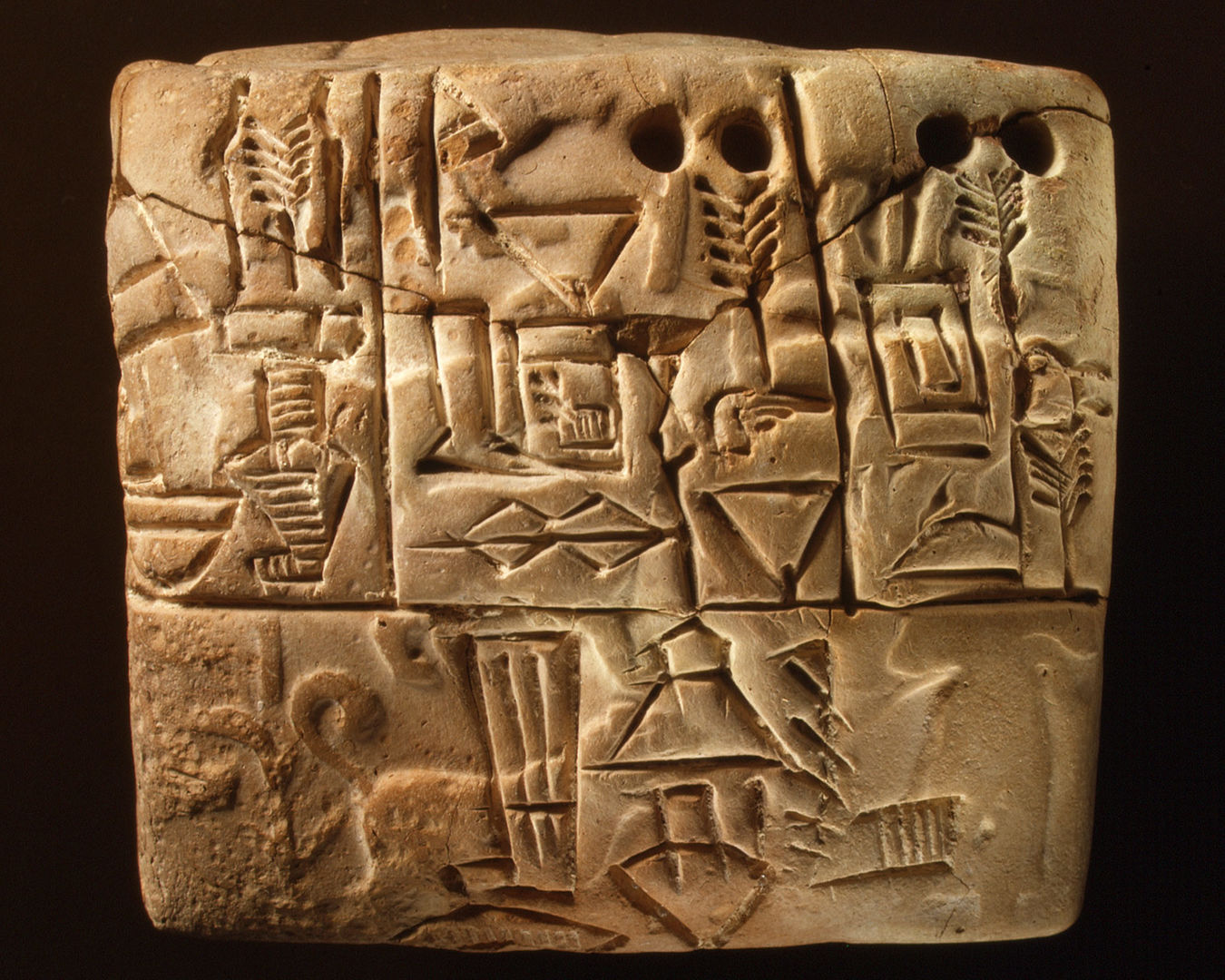 Cuneiform tablet: administrative account of barley distribution with cylinder seal impression of a male figure, hunting dogs, and boars