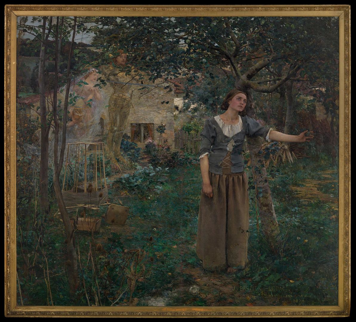 Jules Bastien-Lepage's Joan of Arc stands in the middle of a garden with her head titled as though she is listening to something in the distance.