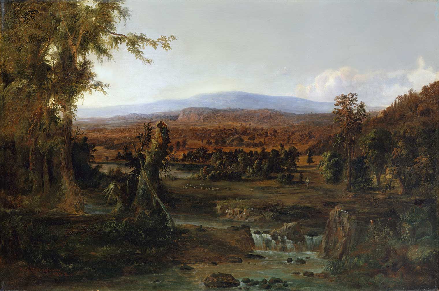 An oil painted landscaped depicts green trees in the foreground surrounding a babbling brook, while a small shepherd figure in the distance walks towards a yellowing pastoral clearing. A mountain can be seen in the far distance.