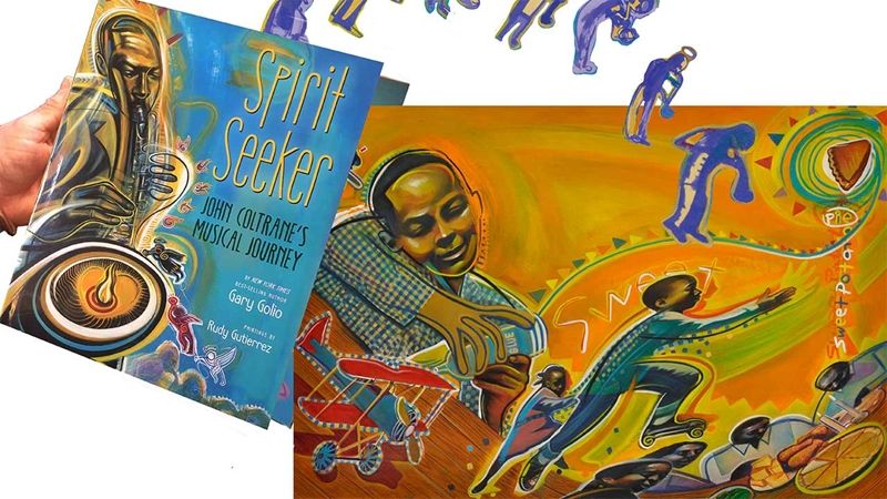 A detail from the art of the book Spirit seeker illustrated by Rudy Gutierrez. A painting of a young man leaning against an instrument with a biplane flying past him in impressionistic hues of red, green, and orange. Above, purple figures dance onto the page in a curved line.
