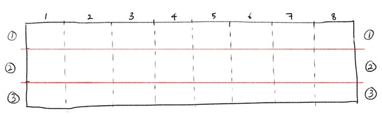 A diagram showing a piece of paper being divided into eight columns and three rows