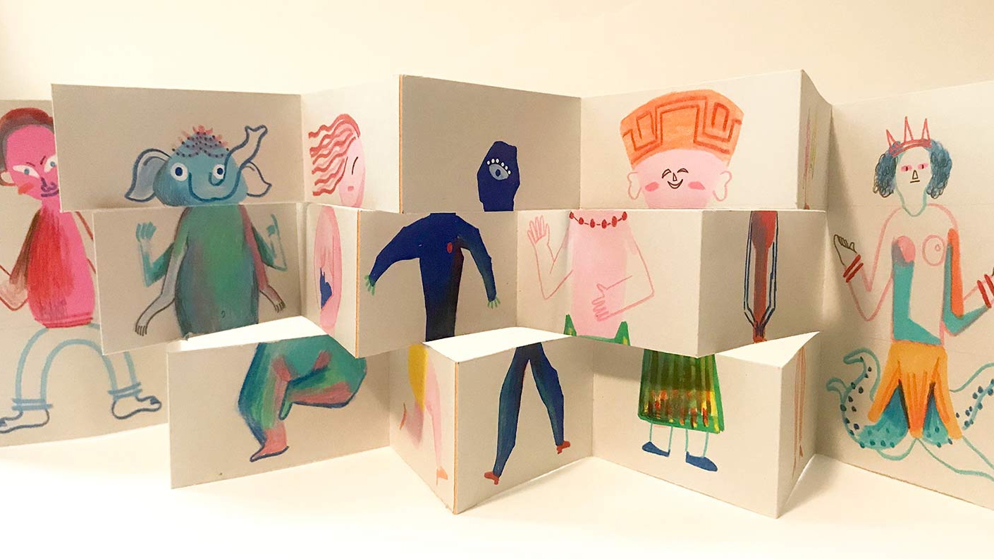 An unfolded accordion book featuring characters inspired by objects from the #MetKids Map