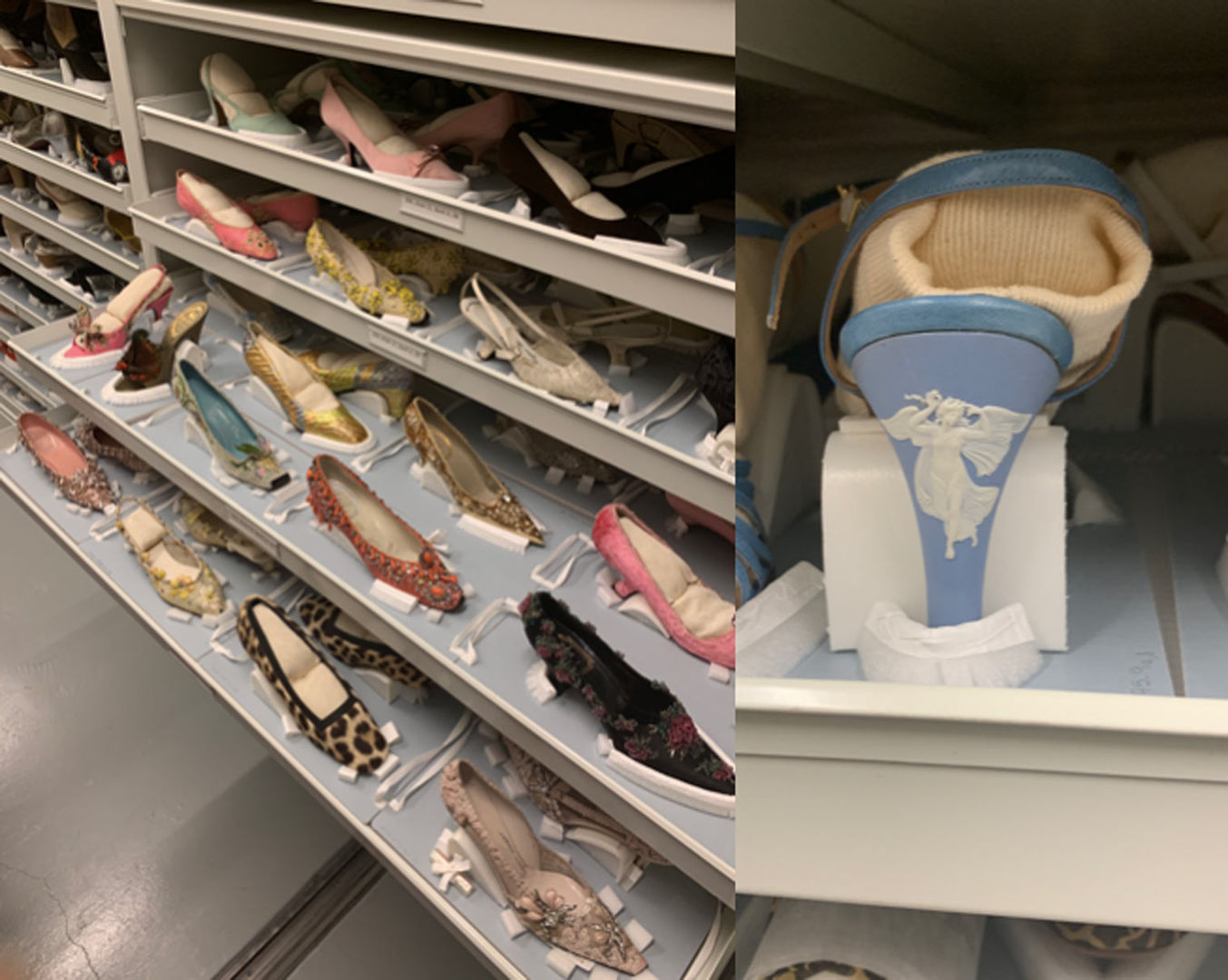 Storage drawers filled with carefully cushioned high-heeled shoes in the Costume Institute with a closeup of a blue and white Wedgewood heel