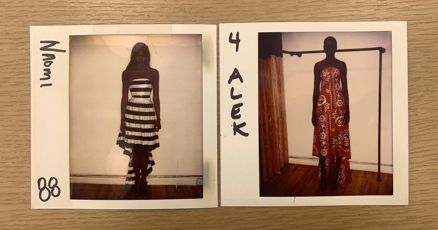 Two polaroid photos of Black women wearing designer dresses