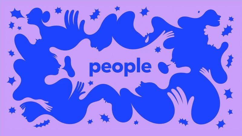 Blue abstract face silhouettes against a solid lilac background with text that reads 