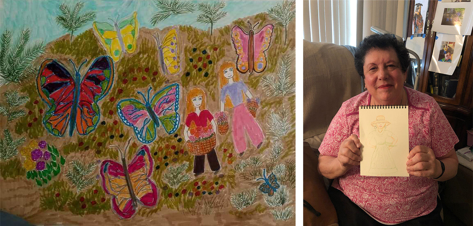 Two images side-by-side. On the left, a colored pencil drawing of two red headed girls in a field full of plants and large butterflies. On the right, a photo of a senior woman holding up a sketchpad, on which a colored pencil drawing of a woman in a fancy outfit can be seen.