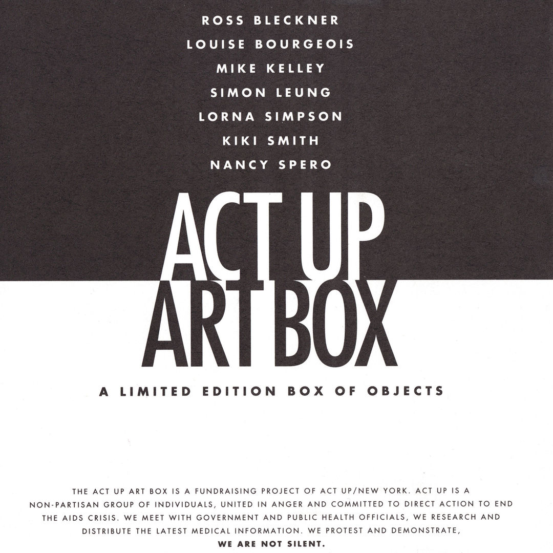 Detail of the pamphlet for the Act Up Art Box, with the participating artists names and places where one could find the objects on view