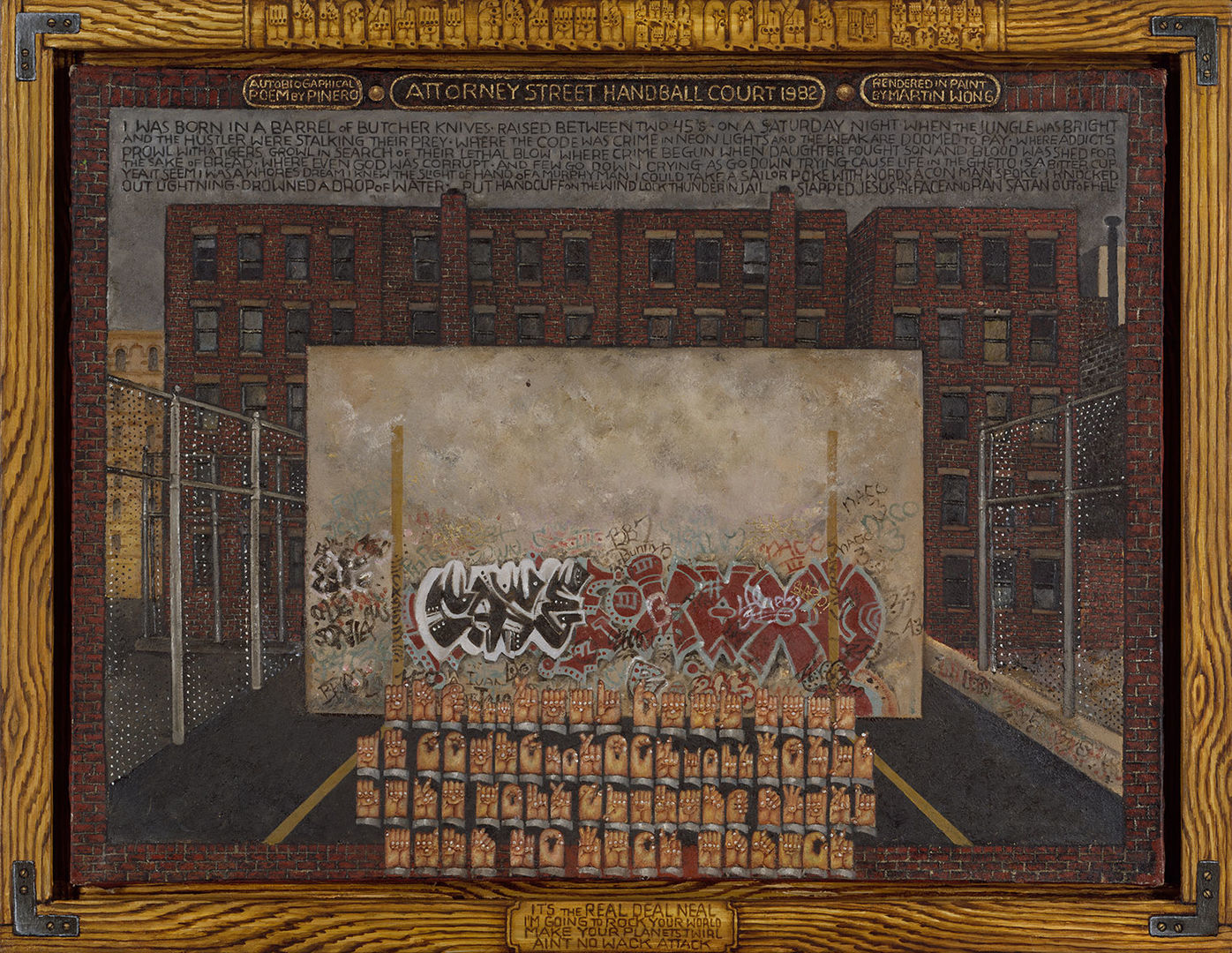 Photograph reproduction of Martin Wong’s artwork titled “Attorney Street (Handball Court with Autobiographical Poem by Piñero)” which depicts a handball court wall tagged with graffiti with several rows of floating, illustrated hands gesturing in the foreground.