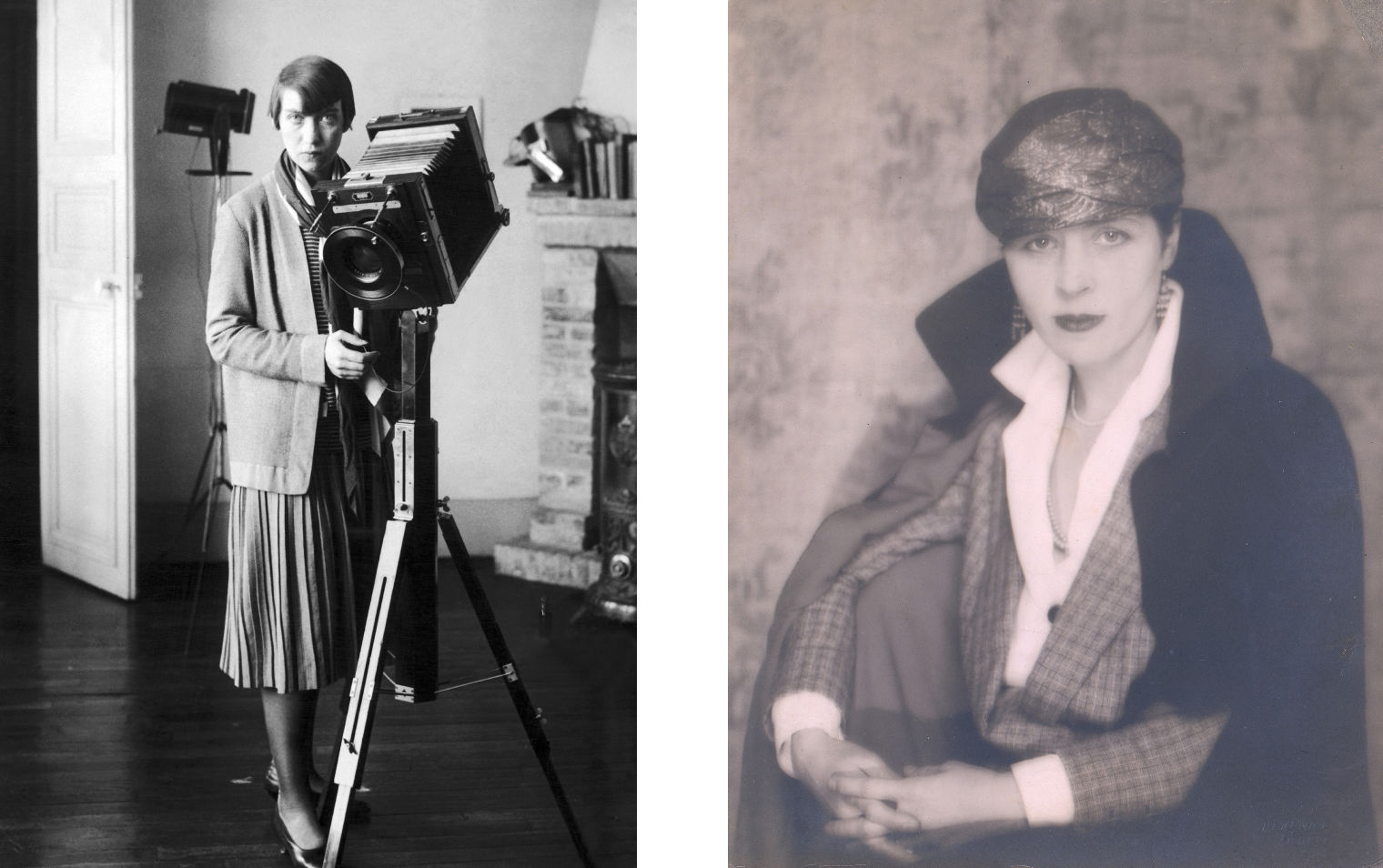 On the left, the artist Berenice Abbot poses standing next to a large format camera perched on a tripod; on the right Djuna Barnes poses seated for a portrait photograph dressed in a tailored shirt and jacket.