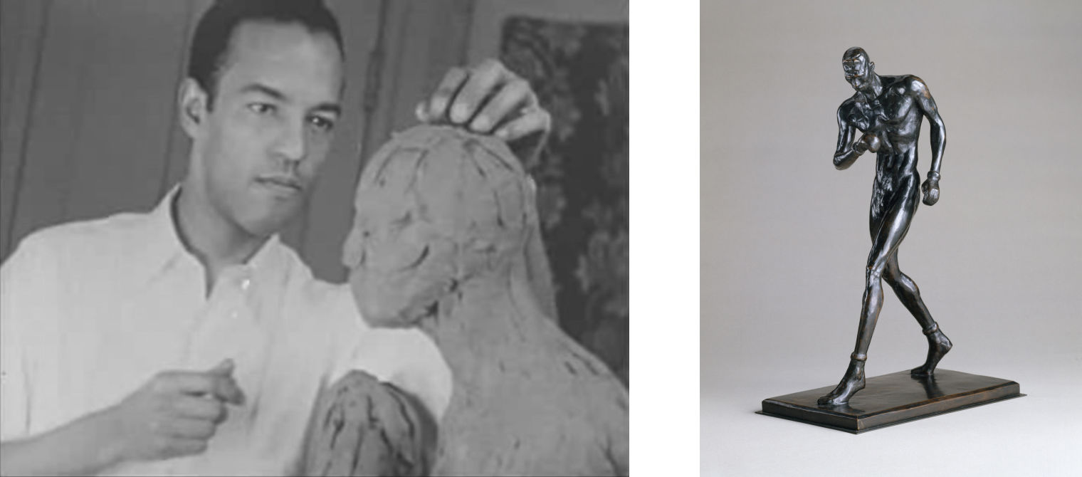 On the left, a black and white photograph of Richmond Barthé working on a clay figurative sculpture in his studio; on the right, a studio photograph of Barthé’s bronze figure sculpture called “Boxer” depicting a man striding forward with one arm pulled close to his chest.