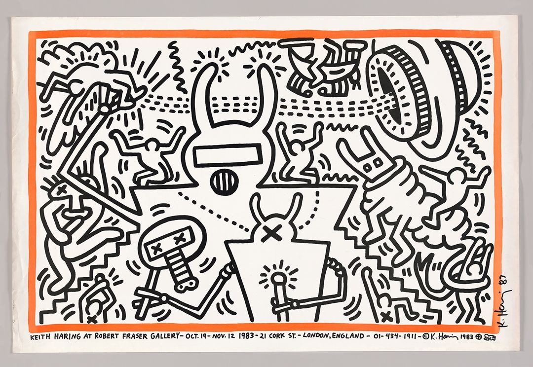 A print by Keith Haring illustrated in his signature black outline style depicting various animated abstracted figures.