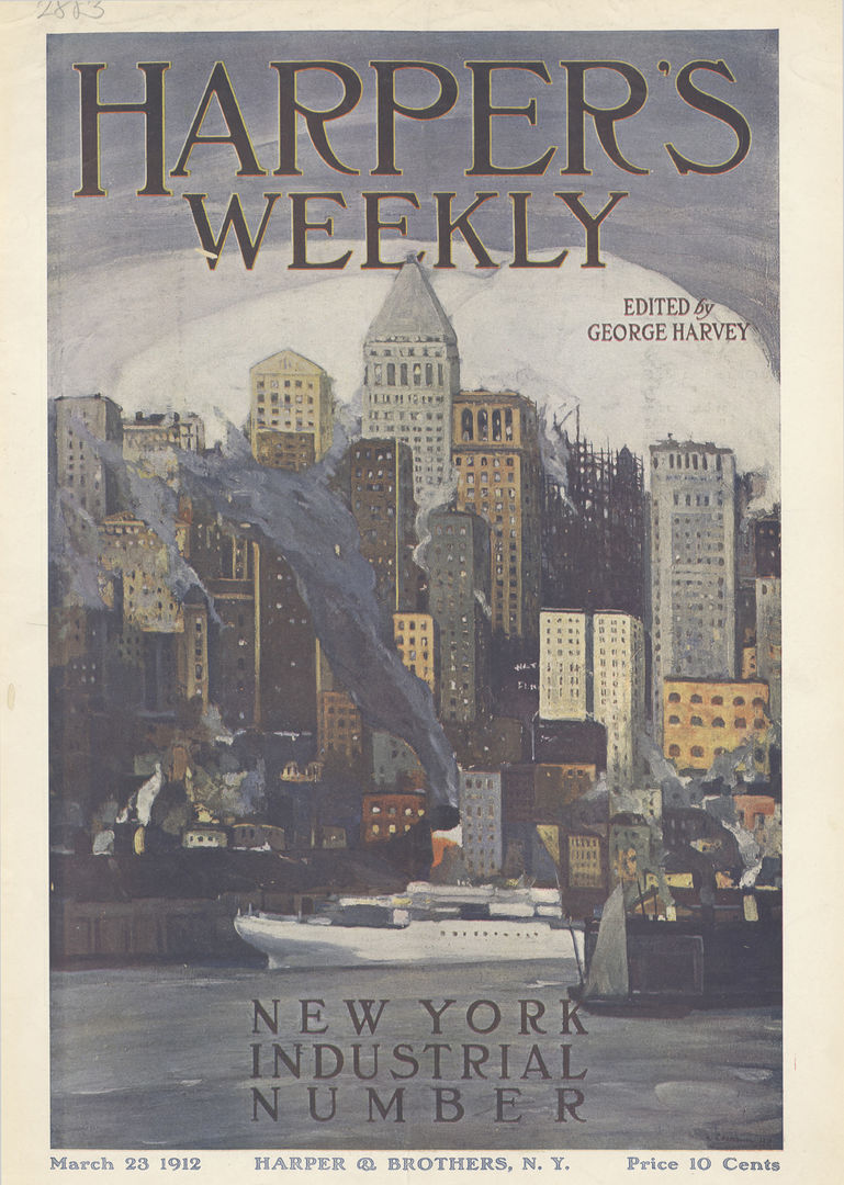 A painting of the new york skyline used for the cover of Harper's Weekly with the sub heading New York Industrial Slumber. 