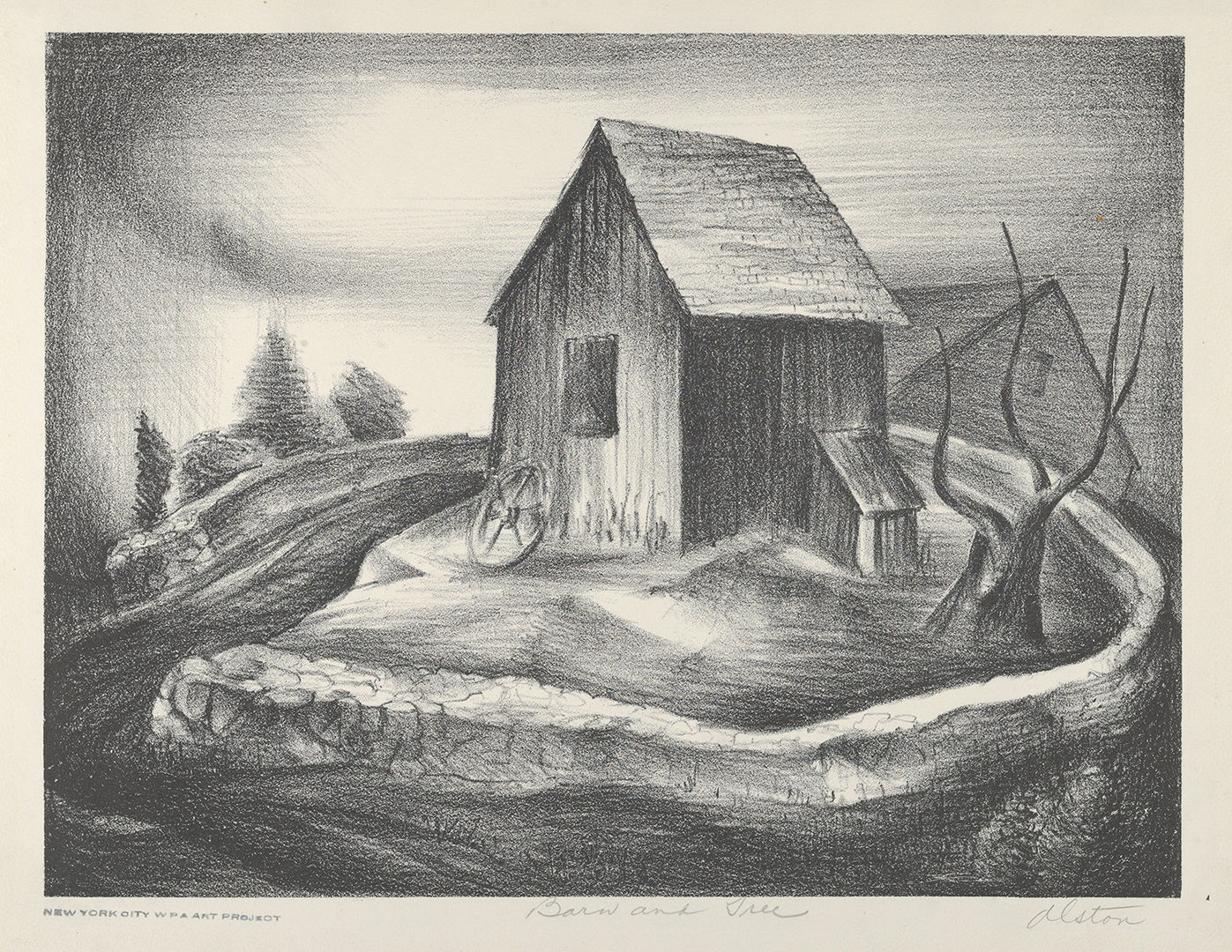 Black and white lithograph of a ominous looking barn with a barren tree and wall surrounding it. 