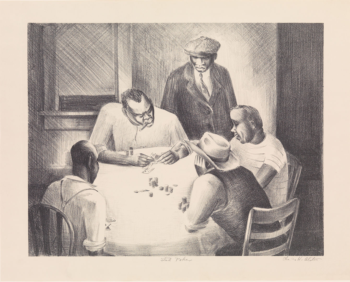Five black men playing poker at a table with chips and cards. There is a window in the background. 