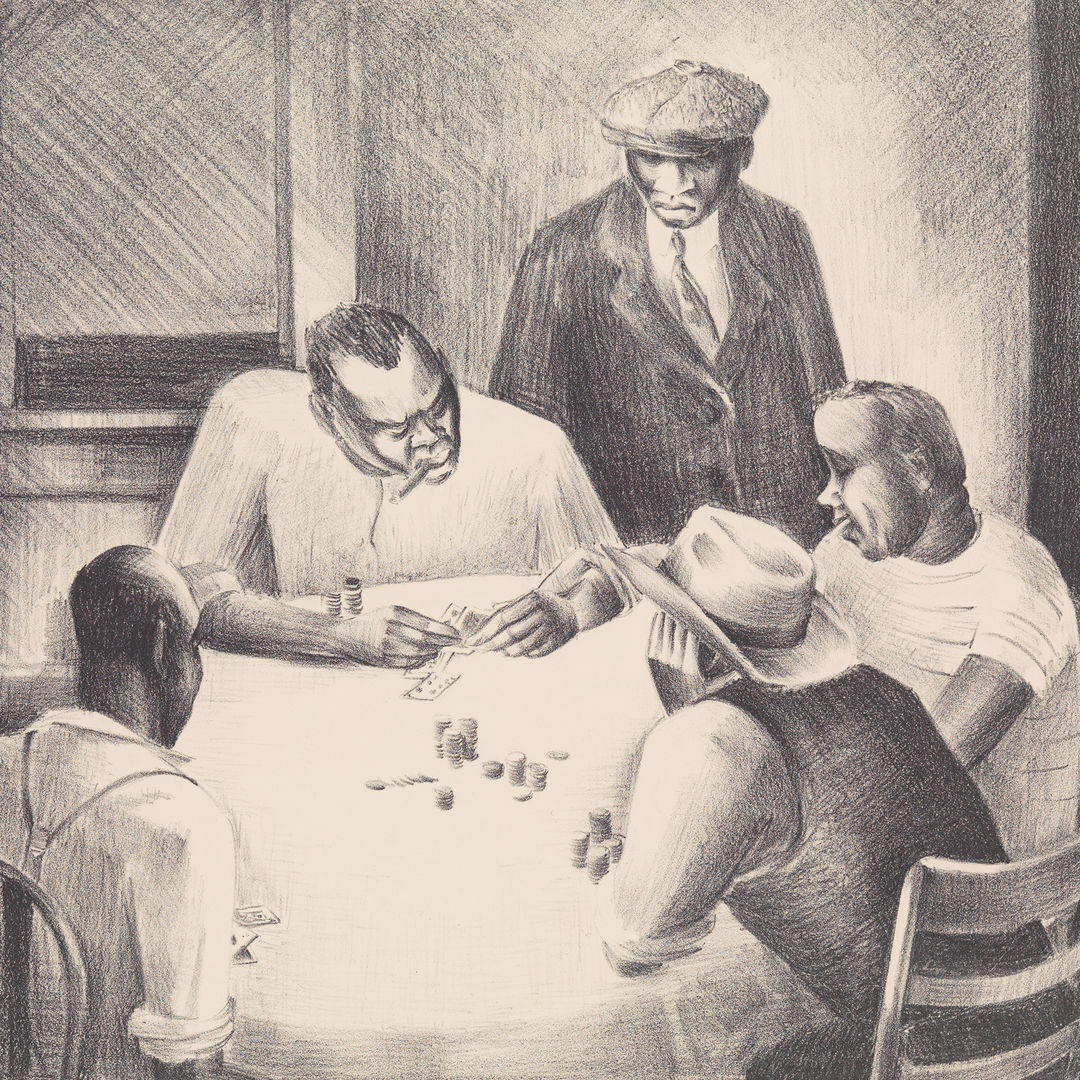 Five black men playing poker at a table with chips and cards. There is a window in the background. 