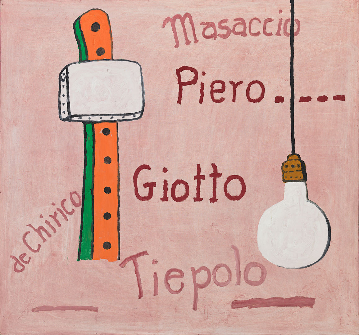 Painting by Phillip Guston with a blank abstract canvas and light bulb against a pink background with Italian artists names in the background. 