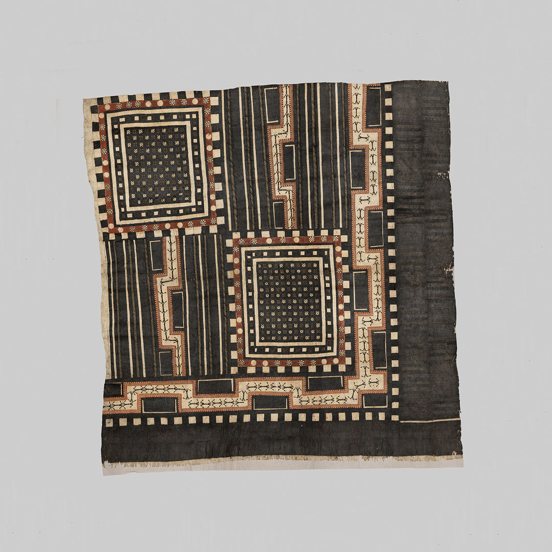 Barkcloth panel with rectilinear designs in beige, brown, and black