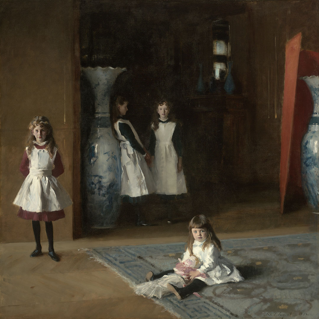 Painting of  four young girls in a room with a decorative carpet and two Chinese vases and hardwood floor. Three of the young girls look to be around older than five with white dresses on and blond hair. The youngest girl looks like a toddler and is sitting on the carpet with a doll in her lap. 