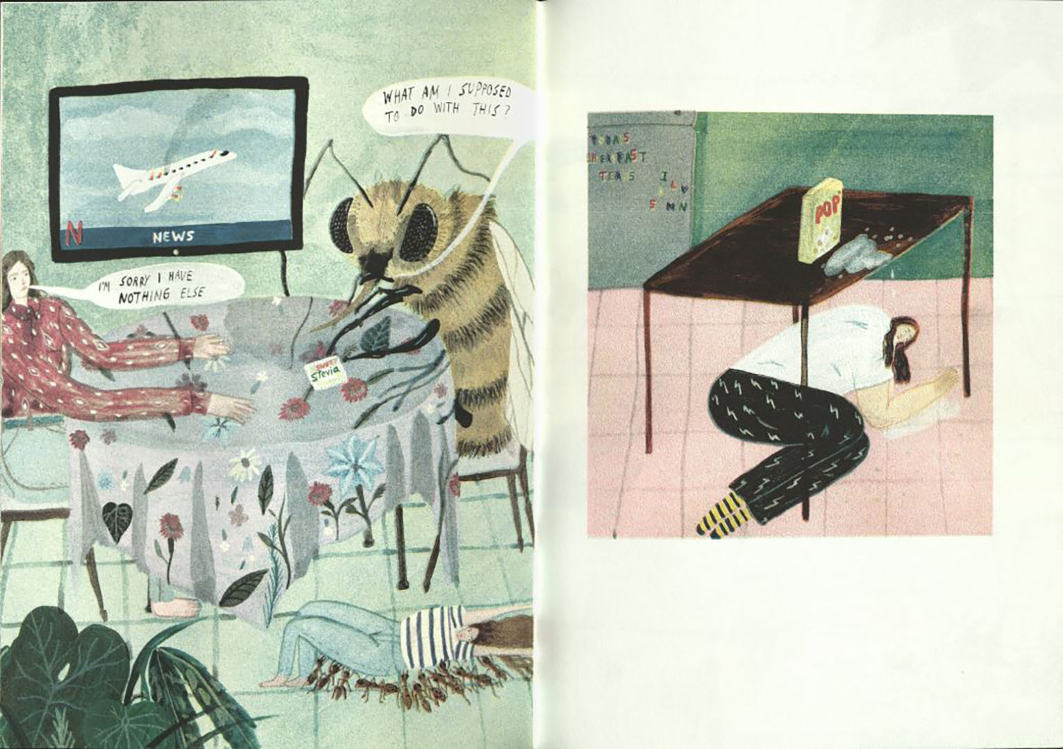 Open to a spread from the zine featuring a woman and a giant bee