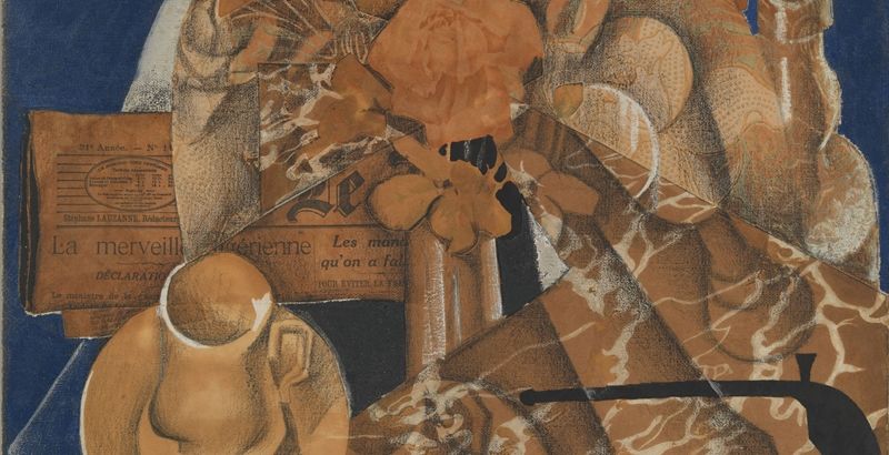 collage showing newspaper flowers a cup and a pipe