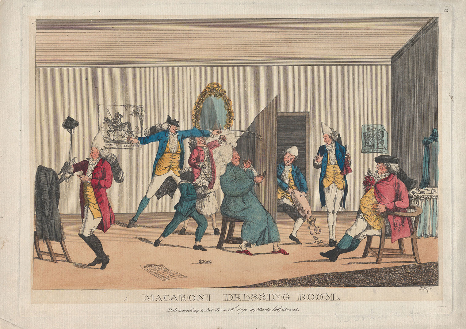 Hand colored etching of several men in a dressing room