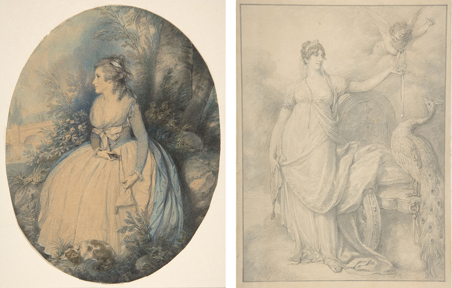 on the left, a watercolor and graphite drawing of a woman in a dress in a forest on the right a drawing of a woman in a dress with a peacock