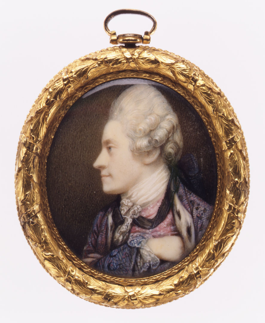 Miniature portrait of a man in profile with a white wig, purple and pink silk clothes and his hand in his breast