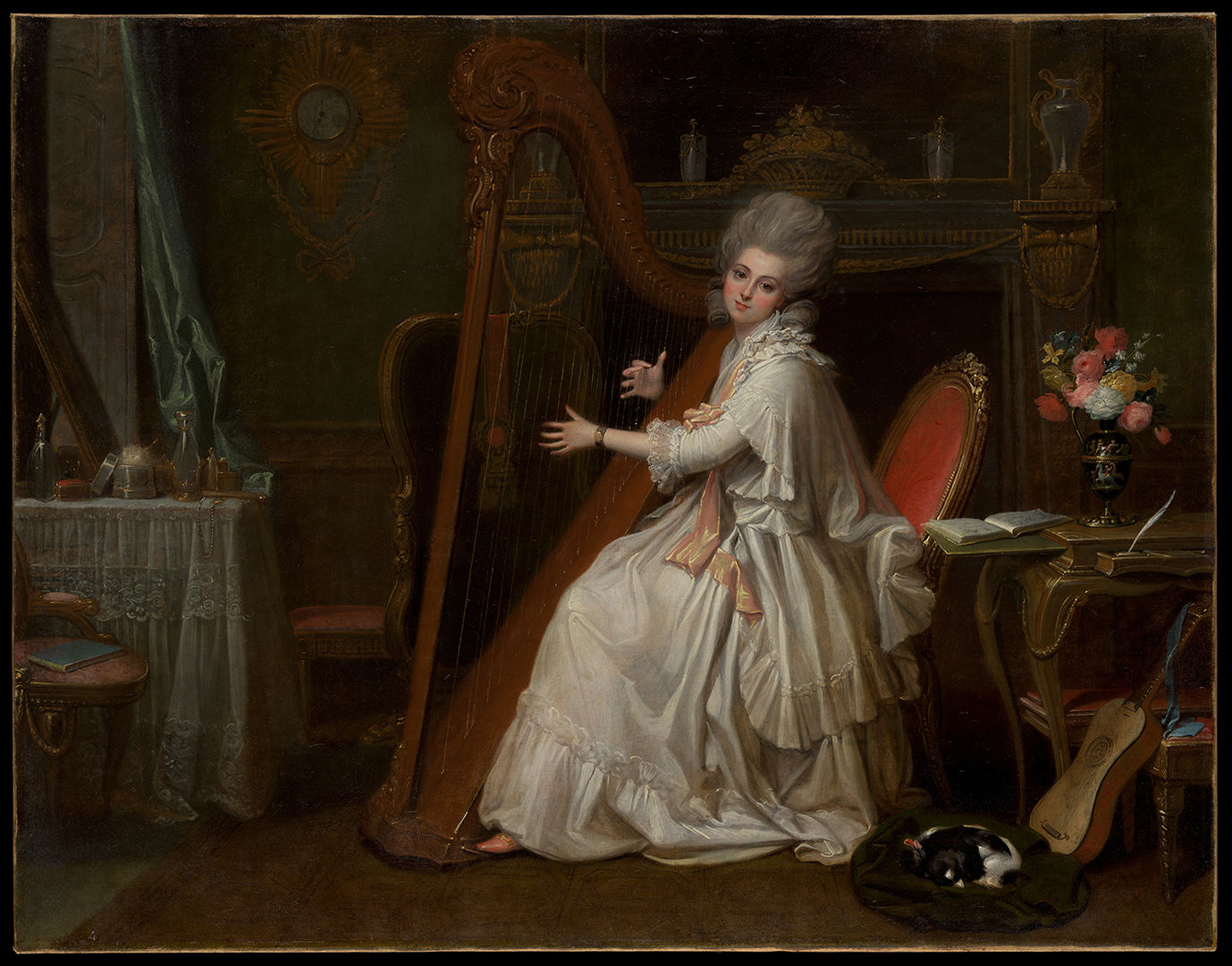 Painting of a woman in a white dress playing the harp while a lapdog sleeps at her feet in an adorned dressing room
