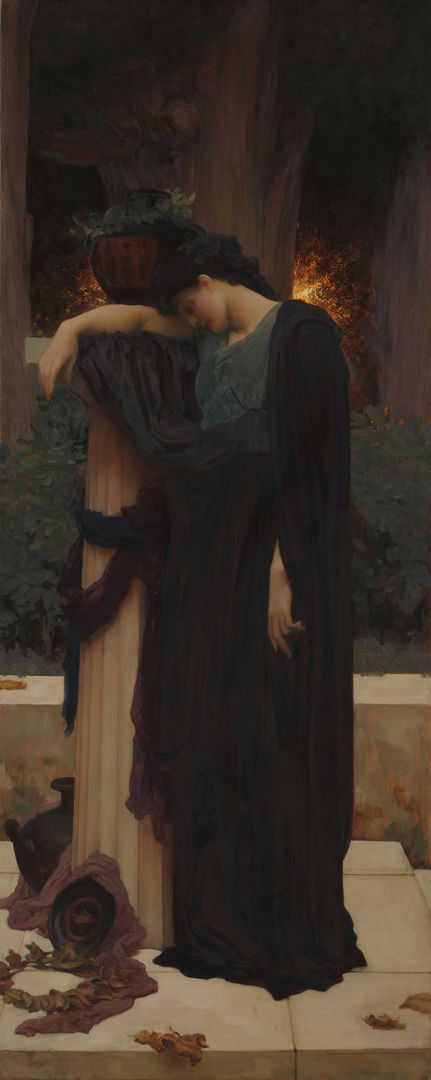 Horizontal realistic painting of a white women with charcoal black hair and a black flowing robe with a dark green top leaning against a column the size of her shoulders with a plant on top of the colum in a terracotta jar. The white column is obscured by her drapery and there is dark blue and purple fabric tied around the column. At her feet there is a laurel and a terracotta plate and behind her against a short white ledge there are bushes and tress and a glowing yellow background. 