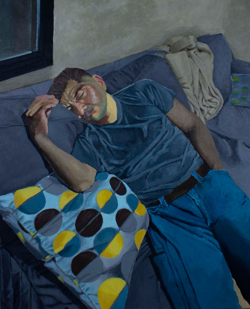 Painting of a man asleep on a blue couch.