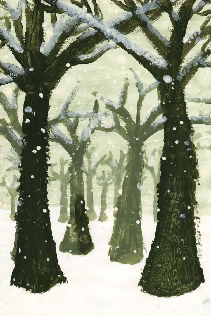 Painting of a forest in winter with bare trees and a gray background