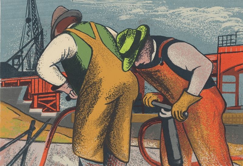 Colorful print of two workers drilling at the ground in front of an industrial construction setting. 