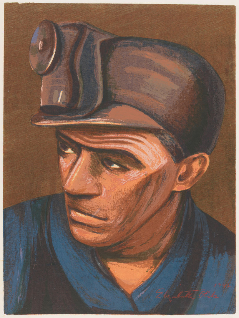 Image of a white man who is a miner wearing a hat with a light on it looking out to the right against a brown background. 