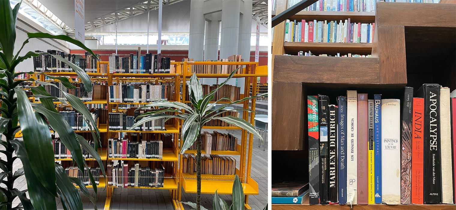Stacks of books and a bookshelf built into stairs