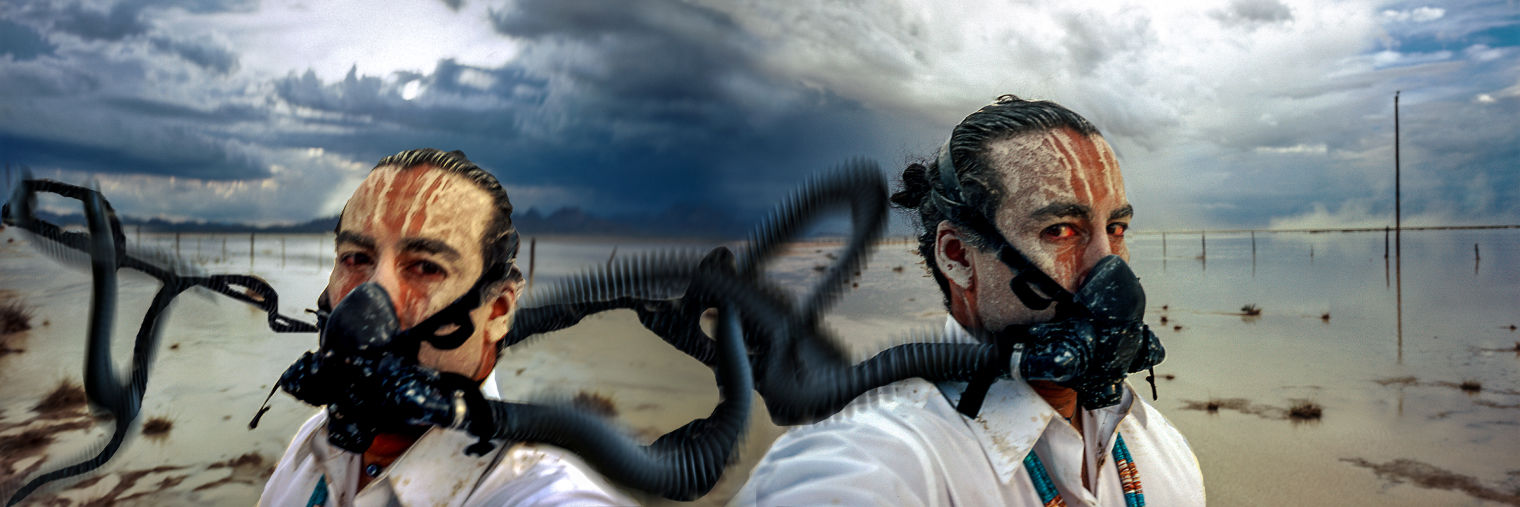 Two combined portraits of a man wearing respirator masks in front of a natural landscape