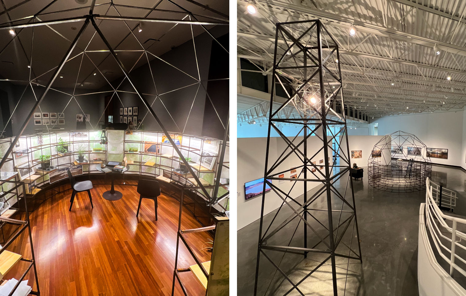 Composite image of hogan filled with plants and photographs and a tower structure placed inside a gallery surrounded by photographs