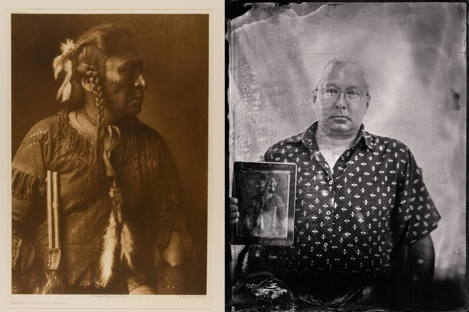 Portraits of two men, the first one wears traditional Native American clothing and has braided hair, the second one is wearing a button-down shirt and is holding a photograph of the first man