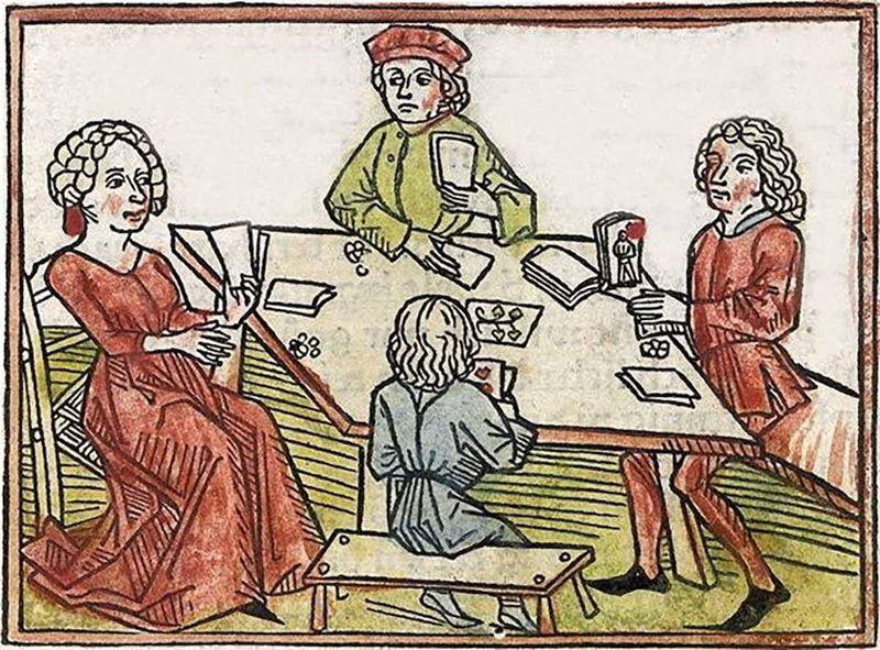 Woodcut and watercolor print of a family playing a game of cards where Leafs and Hearts appear to be showing and chips or coins are in play
